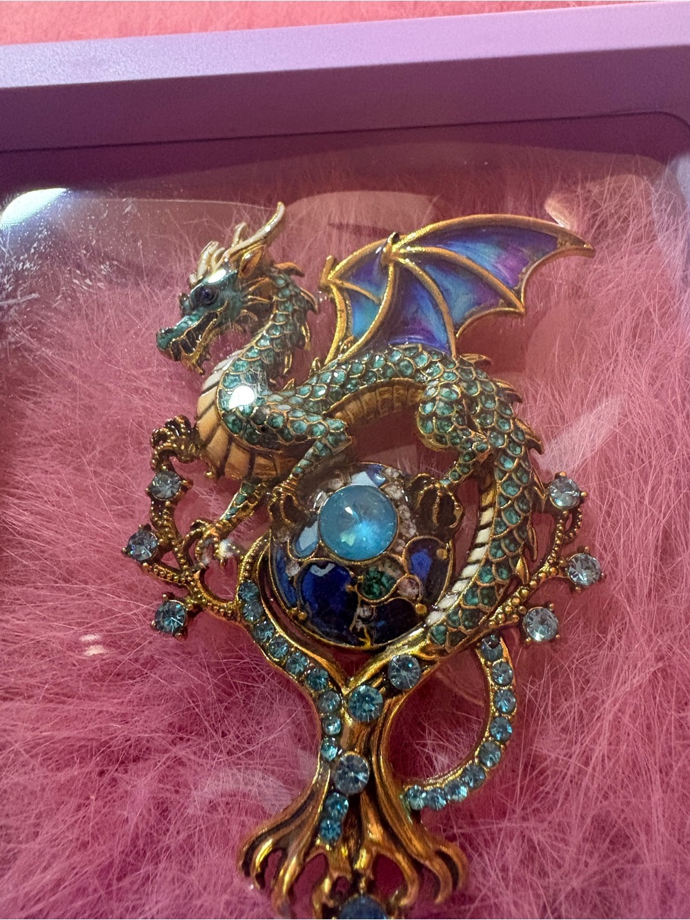 Ornate Gold Dragon Decorative Brooch - Blue and Teal - Picture 3 of 6